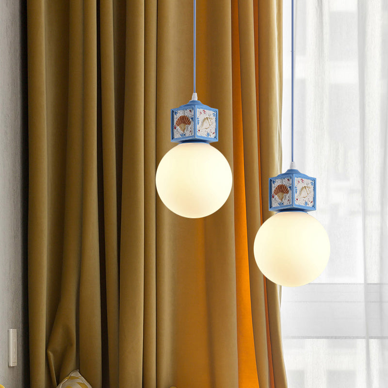 White Glass Ball Hanging Lamp Kit Mediterranean 1 Head Pendant Light Fixture with Conch Cube Deco in Sky/Light Blue Clearhalo 'Ceiling Lights' 'Close To Ceiling Lights' 'Glass shade' 'Glass' 'Pendant Lights' 'Pendants' Lighting' 1867938
