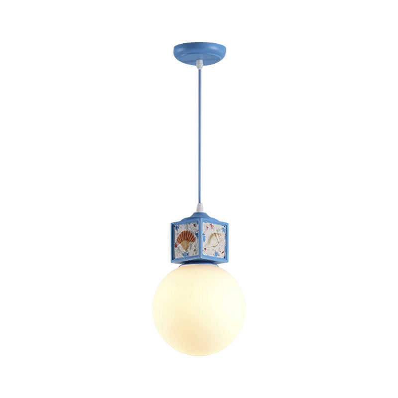 White Glass Ball Hanging Lamp Kit Mediterranean 1 Head Pendant Light Fixture with Conch Cube Deco in Sky/Light Blue Clearhalo 'Ceiling Lights' 'Close To Ceiling Lights' 'Glass shade' 'Glass' 'Pendant Lights' 'Pendants' Lighting' 1867939