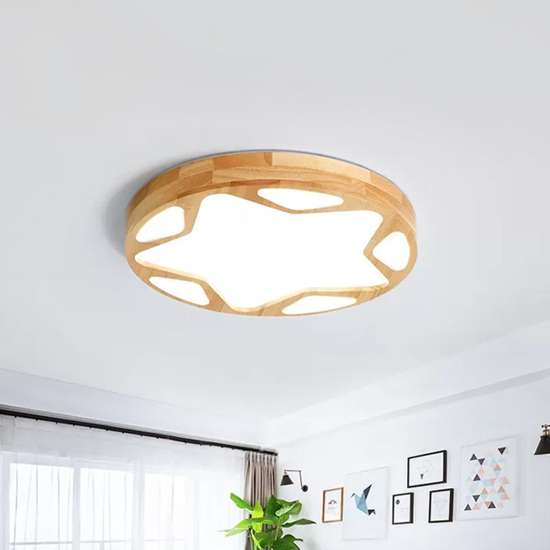 16"/19.5" W Round Ceiling Lighting Minimalist Wood LED Beige Flush Lamp with Star Design in Warm/White/Natural Light Beige Clearhalo 'Ceiling Lights' 'Close To Ceiling Lights' 'Close to ceiling' 'Flush mount' Lighting' 1867940