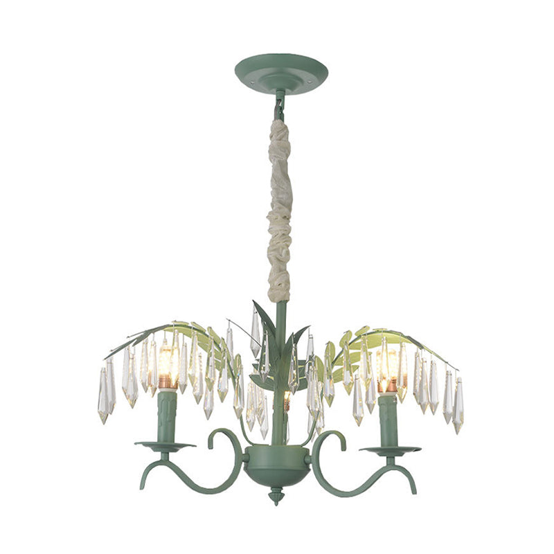 Metal Candle Hanging Light with Leaf & Crystal Restaurant 3 Lights Nordic Chandelier in Green Clearhalo 'Ceiling Lights' 'Chandeliers' Lighting' options 186798