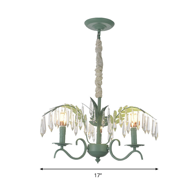 Metal Candle Hanging Light with Leaf & Crystal Restaurant 3 Lights Nordic Chandelier in Green Clearhalo 'Ceiling Lights' 'Chandeliers' Lighting' options 186799
