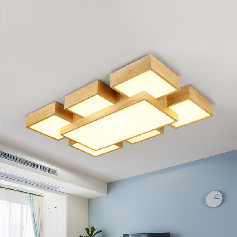 Beige Square Flush Mount Light Fixture Modernist 26"/31.5" Width LED Wood Ceiling Lighting Beige 31.5" Clearhalo 'Ceiling Lights' 'Close To Ceiling Lights' 'Close to ceiling' 'Flush mount' Lighting' 1868000