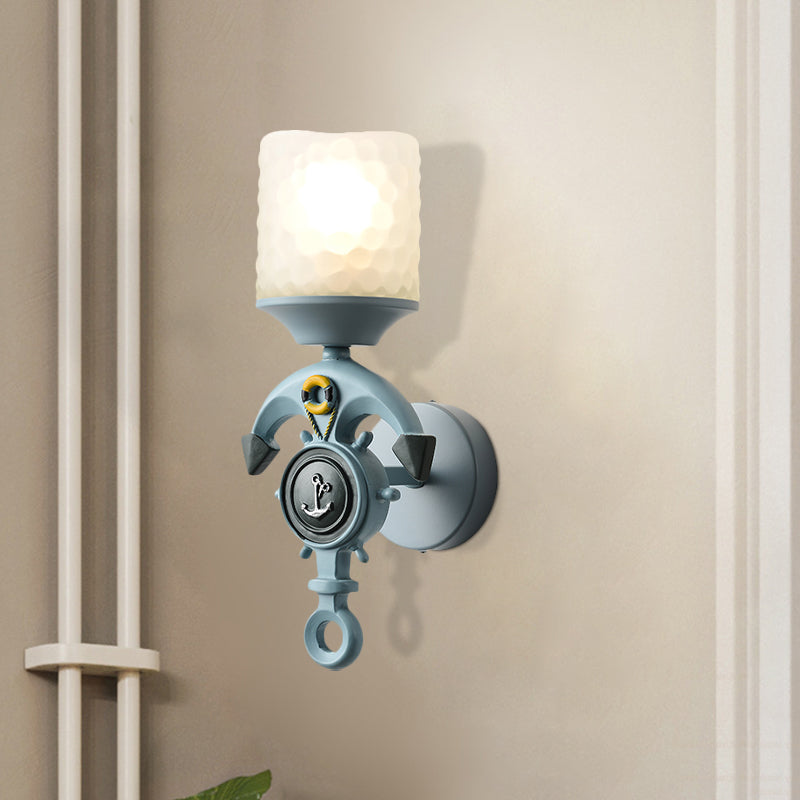 Anchor Resin Wall Lighting Fixture Modernism 1 Bulb Blue Wall Mount Light with Cylindrical Dimpled Glass Shade Blue Clearhalo 'Wall Lamps & Sconces' 'Wall Lights' Lighting' 1868005