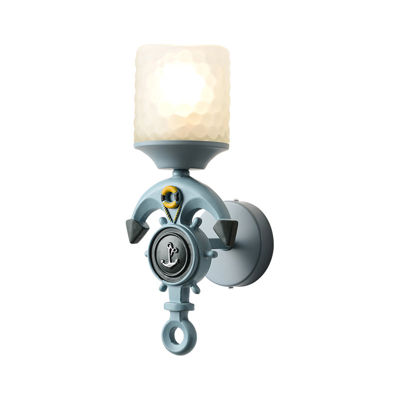 Anchor Resin Wall Lighting Fixture Modernism 1 Bulb Blue Wall Mount Light with Cylindrical Dimpled Glass Shade Clearhalo 'Wall Lamps & Sconces' 'Wall Lights' Lighting' 1868007