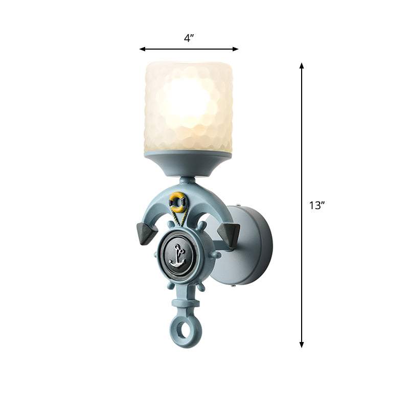 Anchor Resin Wall Lighting Fixture Modernism 1 Bulb Blue Wall Mount Light with Cylindrical Dimpled Glass Shade Clearhalo 'Wall Lamps & Sconces' 'Wall Lights' Lighting' 1868008