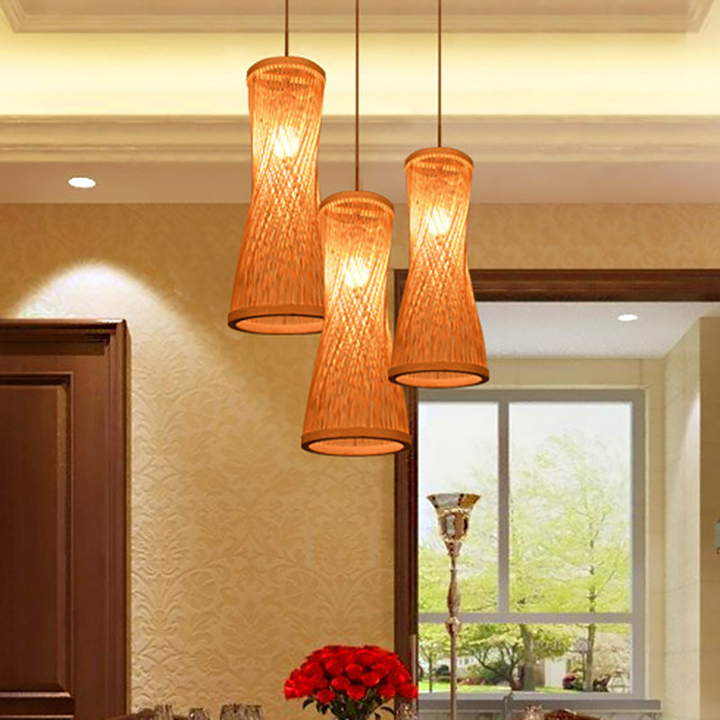 Beige Hourglass Hanging Lamp Kit Rustic 3 Heads Bamboo Batten Multiple Ceiling Light Clearhalo 'Ceiling Lights' 'Pendant Lights' 'Pendants' Lighting' 1868009