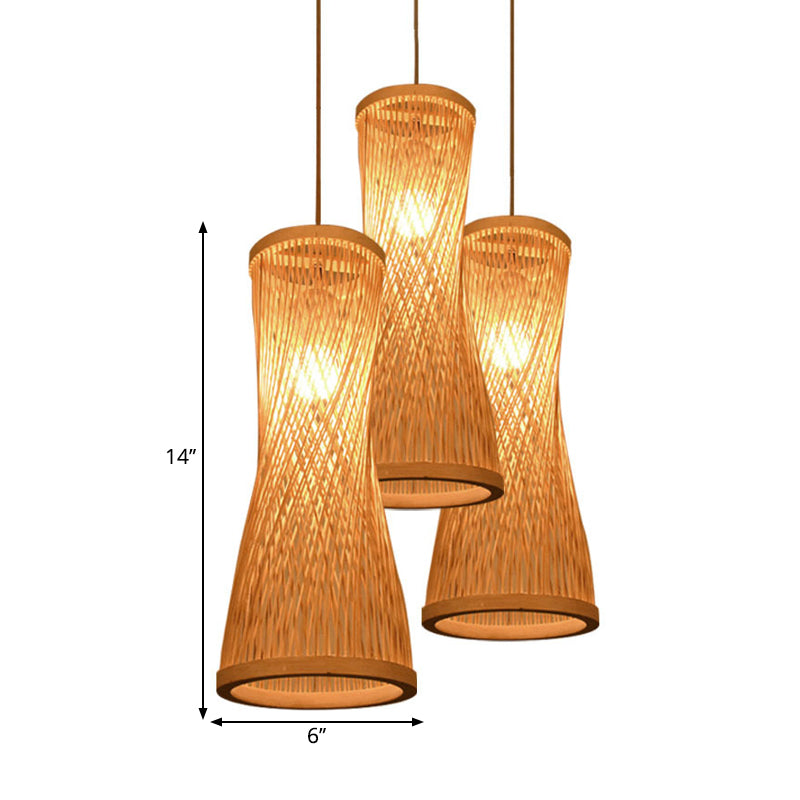 Beige Hourglass Hanging Lamp Kit Rustic 3 Heads Bamboo Batten Multiple Ceiling Light Clearhalo 'Ceiling Lights' 'Pendant Lights' 'Pendants' Lighting' 1868012