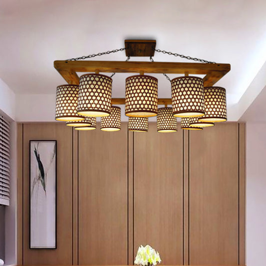 Wood Cylinder Ceiling Fixture Farm 12-Light Semi Flush Mount Chandelier with Oblong Frame in Beige (The Customization will be 7-10 days) Clearhalo 'Ceiling Lights' 'Close To Ceiling Lights' 'Close to ceiling' 'Semi-flushmount' Lighting' 1868014