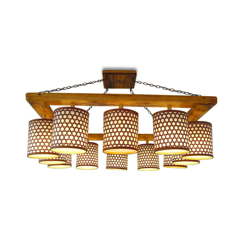 Wood Cylinder Ceiling Fixture Farm 12-Light Semi Flush Mount Chandelier with Oblong Frame in Beige (The Customization will be 7-10 days) Clearhalo 'Ceiling Lights' 'Close To Ceiling Lights' 'Close to ceiling' 'Semi-flushmount' Lighting' 1868015