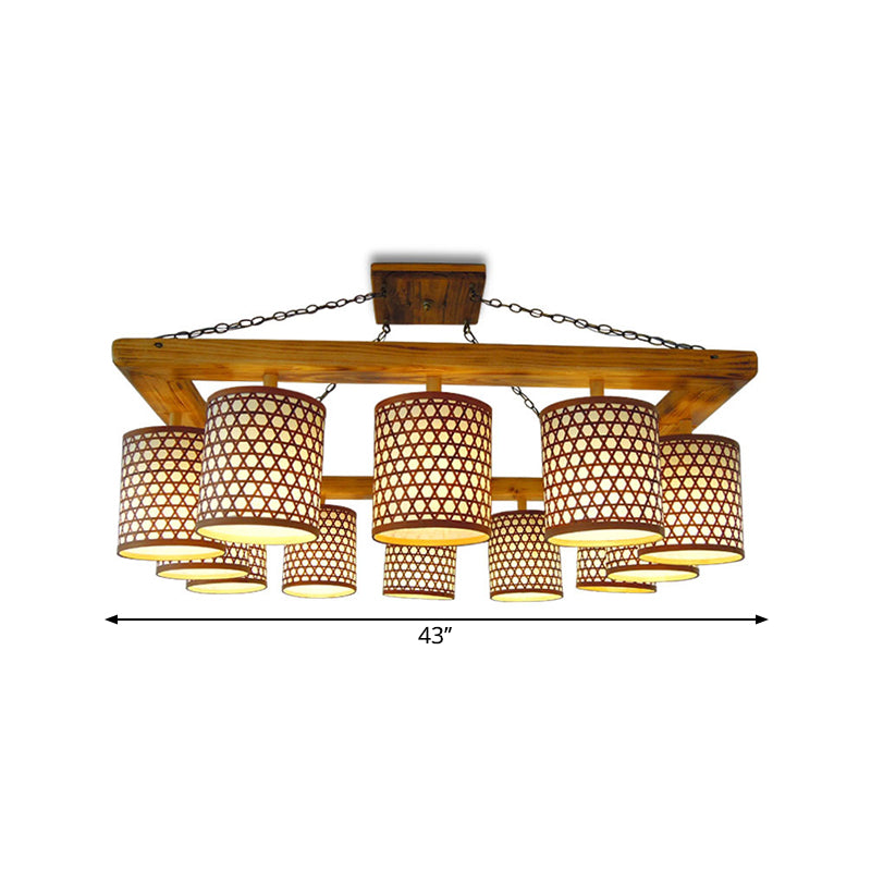 Wood Cylinder Ceiling Fixture Farm 12-Light Semi Flush Mount Chandelier with Oblong Frame in Beige (The Customization will be 7-10 days) Clearhalo 'Ceiling Lights' 'Close To Ceiling Lights' 'Close to ceiling' 'Semi-flushmount' Lighting' 1868016