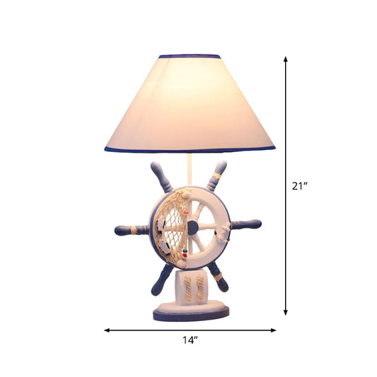 Resin Rudder Base Desk Lamp Children Single Bulb Blue Night Light with Cone White Fabric Shade Clearhalo 'Lamps' 'Table Lamps' Lighting' 1868050