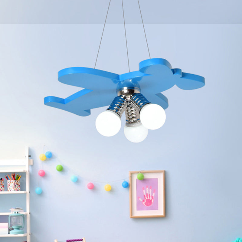 Battle-Plane Kindergarten Chandelier Lamp Acrylic 3 Heads Children Style Bulb Hanging Light in Yellow/Blue/Green Blue Clearhalo 'Ceiling Lights' 'Chandeliers' Lighting' options 1868164_5e74c191-bafc-4d98-bb22-18be23da6544