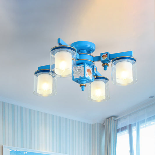4 Heads Playroom Semi Flush Chandelier Coastal Blue Ceiling Lamp with Dual Cylinder Clear and Opaline Glass Shade Blue Clearhalo 'Ceiling Lights' 'Close To Ceiling Lights' 'Close to ceiling' 'Semi-flushmount' Lighting' 1868193