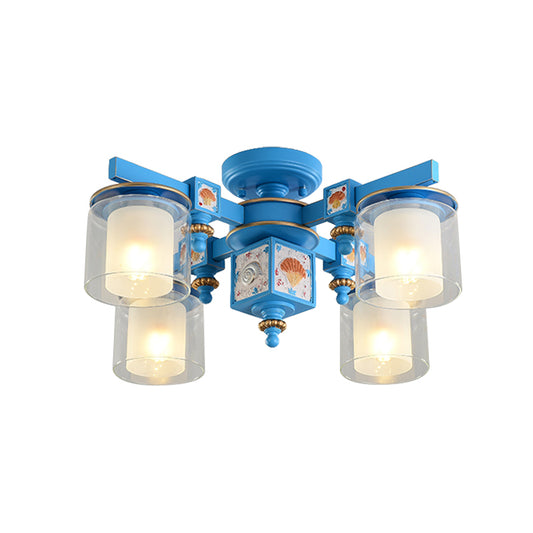 4 Heads Playroom Semi Flush Chandelier Coastal Blue Ceiling Lamp with Dual Cylinder Clear and Opaline Glass Shade Clearhalo 'Ceiling Lights' 'Close To Ceiling Lights' 'Close to ceiling' 'Semi-flushmount' Lighting' 1868194