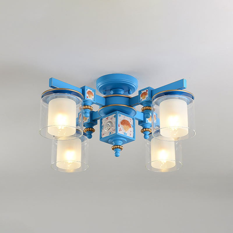 4 Heads Playroom Semi Flush Chandelier Coastal Blue Ceiling Lamp with Dual Cylinder Clear and Opaline Glass Shade Clearhalo 'Ceiling Lights' 'Close To Ceiling Lights' 'Close to ceiling' 'Semi-flushmount' Lighting' 1868195