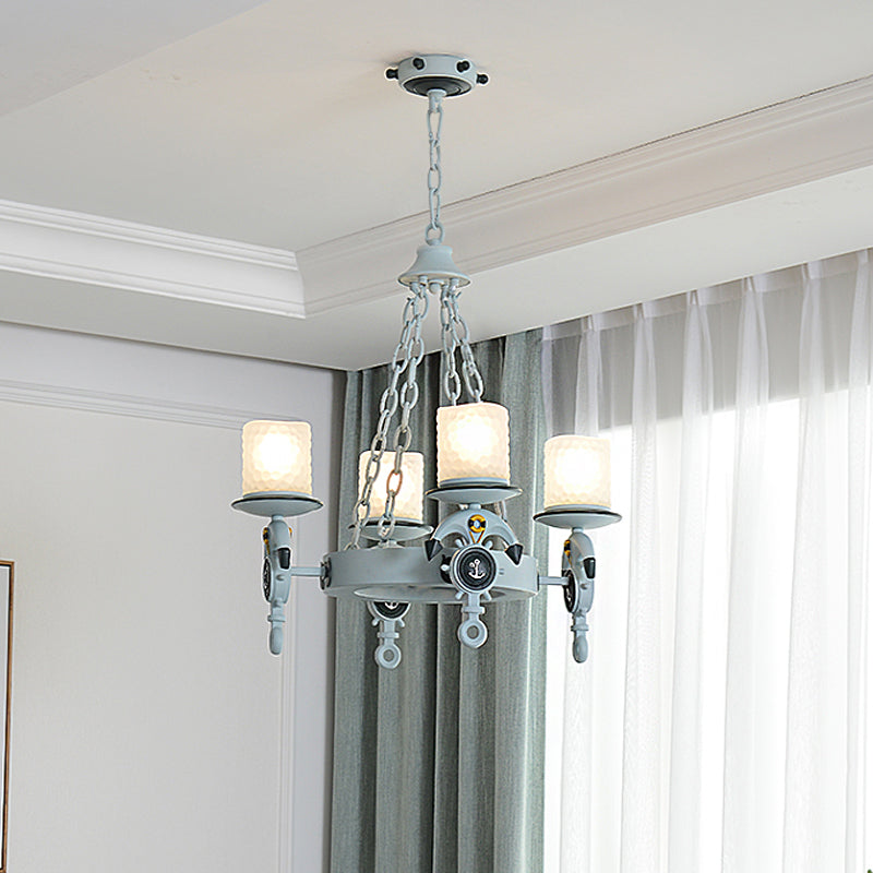 4 Lights Bedroom Pendant Lighting Nautical Blue/Black Chandelier Lamp with Cylinder Dimpled Glass Shade Clearhalo 'Ceiling Lights' 'Chandeliers' Lighting' options 1868197