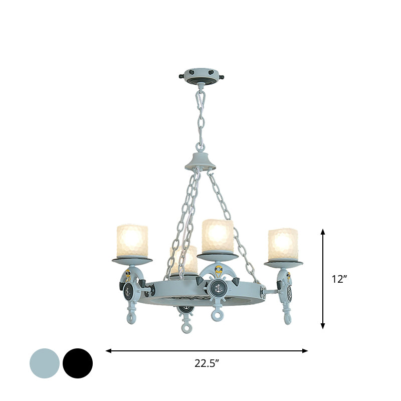 4 Lights Bedroom Pendant Lighting Nautical Blue/Black Chandelier Lamp with Cylinder Dimpled Glass Shade Clearhalo 'Ceiling Lights' 'Chandeliers' Lighting' options 1868200