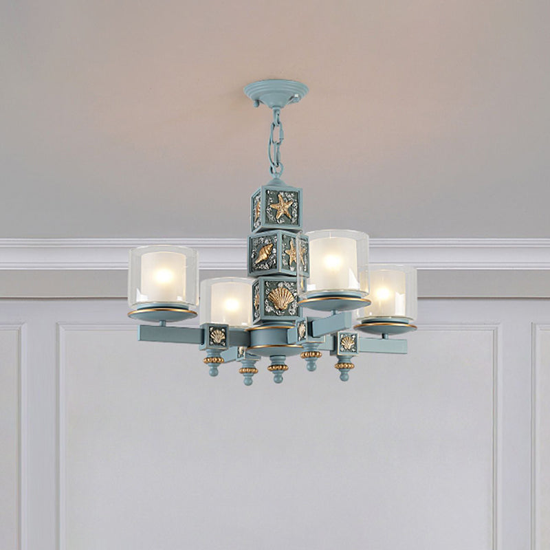 Coastal 4-Light Hanging Chandelier Sky/Light Blue Dual Column Suspension Pendant with Clear and White Glass Shade Clearhalo 'Ceiling Lights' 'Chandeliers' Lighting' options 1868205