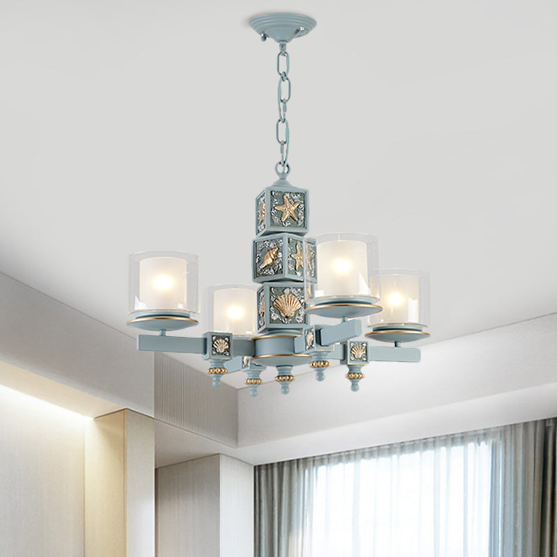 Coastal 4-Light Hanging Chandelier Sky/Light Blue Dual Column Suspension Pendant with Clear and White Glass Shade Clearhalo 'Ceiling Lights' 'Chandeliers' Lighting' options 1868206