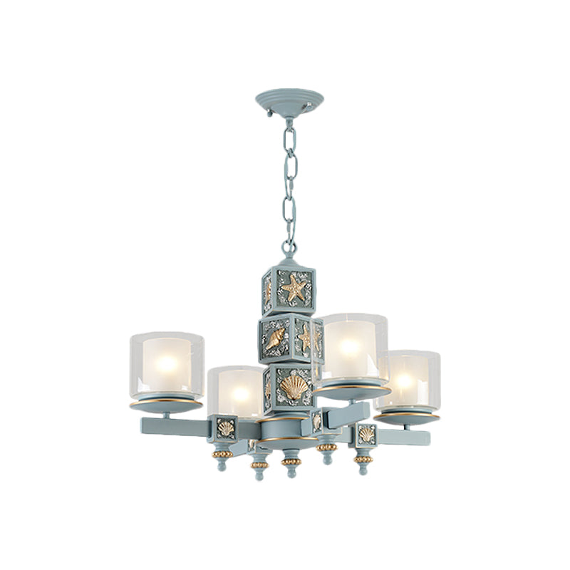 Coastal 4-Light Hanging Chandelier Sky/Light Blue Dual Column Suspension Pendant with Clear and White Glass Shade Clearhalo 'Ceiling Lights' 'Chandeliers' Lighting' options 1868207