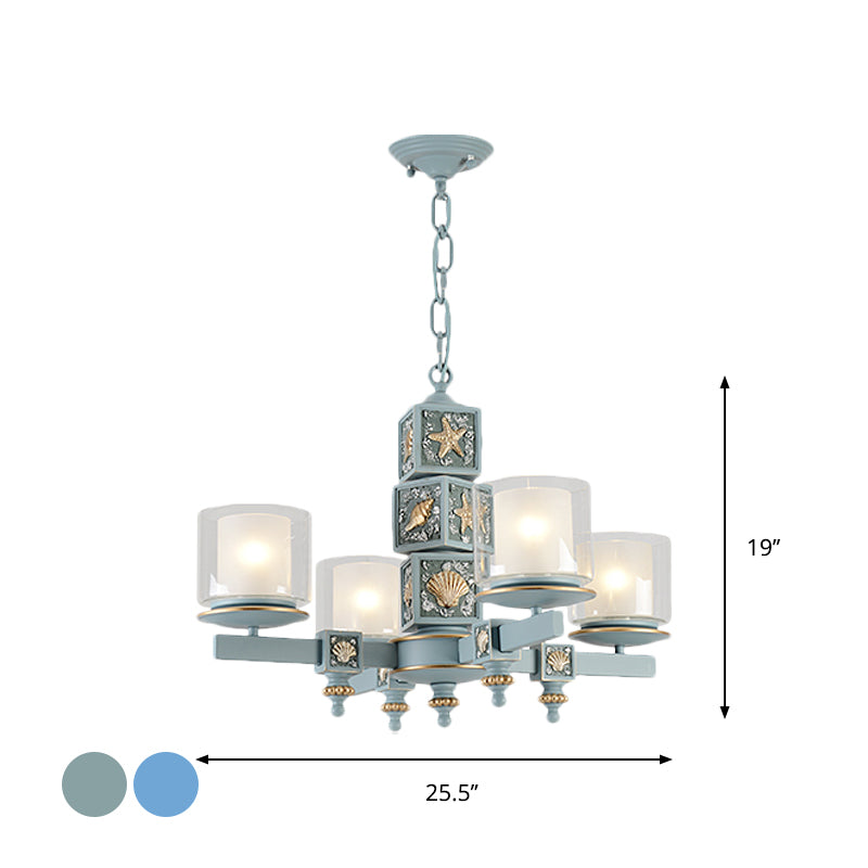 Coastal 4-Light Hanging Chandelier Sky/Light Blue Dual Column Suspension Pendant with Clear and White Glass Shade Clearhalo 'Ceiling Lights' 'Chandeliers' Lighting' options 1868208