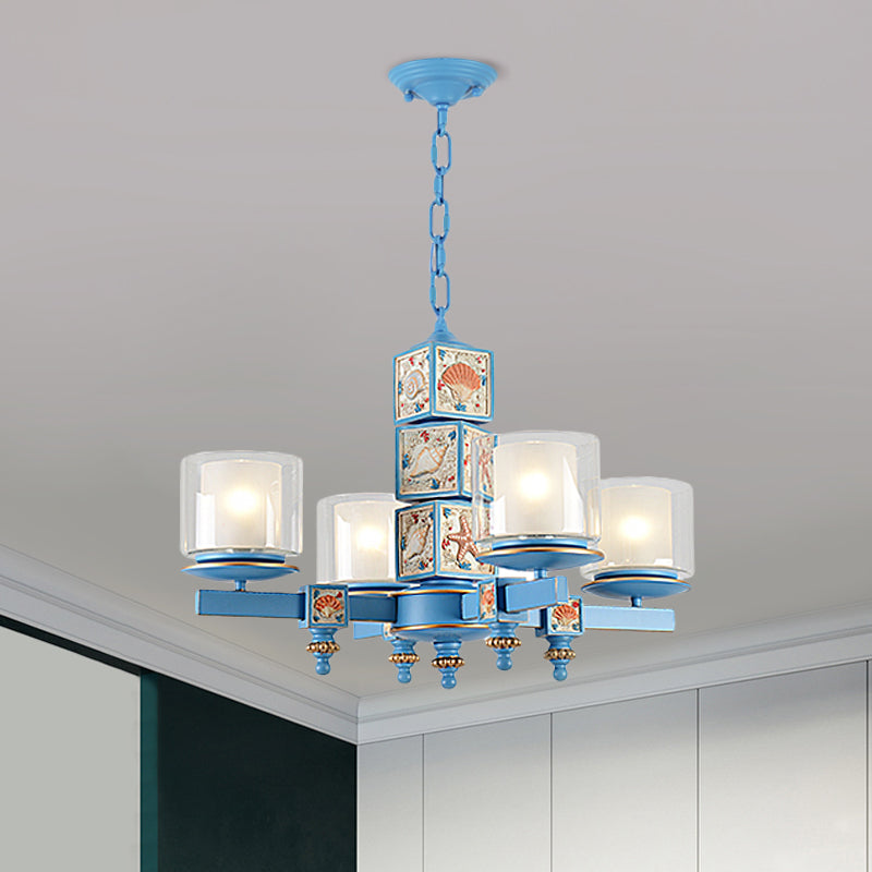 Coastal 4-Light Hanging Chandelier Sky/Light Blue Dual Column Suspension Pendant with Clear and White Glass Shade Clearhalo 'Ceiling Lights' 'Chandeliers' Lighting' options 1868209