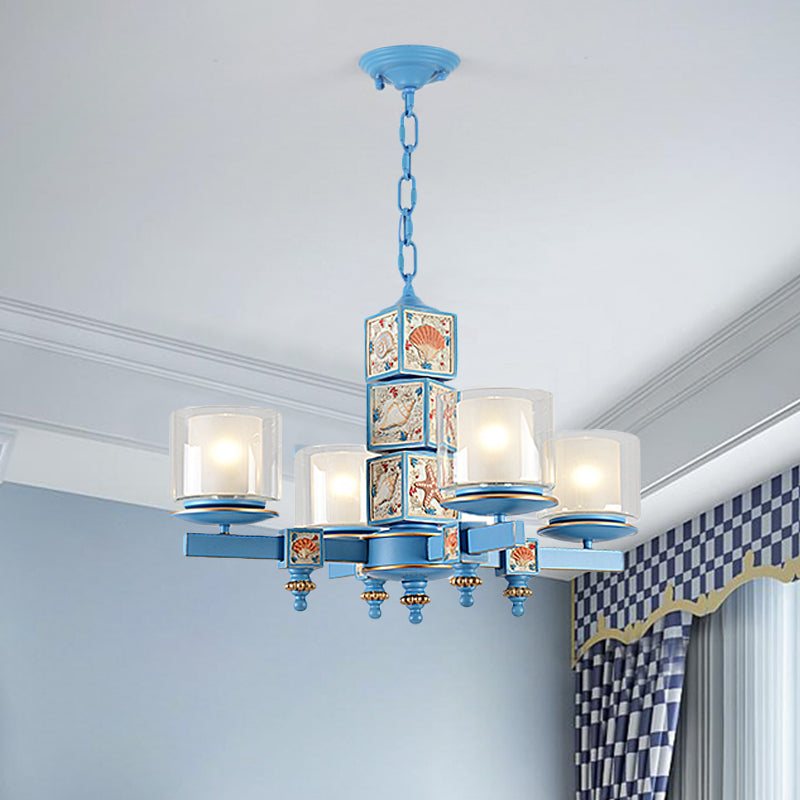 Coastal 4-Light Hanging Chandelier Sky/Light Blue Dual Column Suspension Pendant with Clear and White Glass Shade Clearhalo 'Ceiling Lights' 'Chandeliers' Lighting' options 1868210