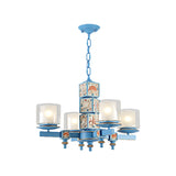 Coastal 4-Light Hanging Chandelier Sky/Light Blue Dual Column Suspension Pendant with Clear and White Glass Shade Clearhalo 'Ceiling Lights' 'Chandeliers' Lighting' options 1868211