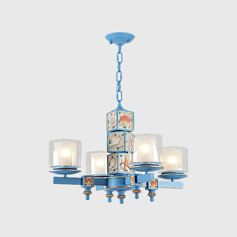 Coastal 4-Light Hanging Chandelier Sky/Light Blue Dual Column Suspension Pendant with Clear and White Glass Shade Clearhalo 'Ceiling Lights' 'Chandeliers' Lighting' options 1868212