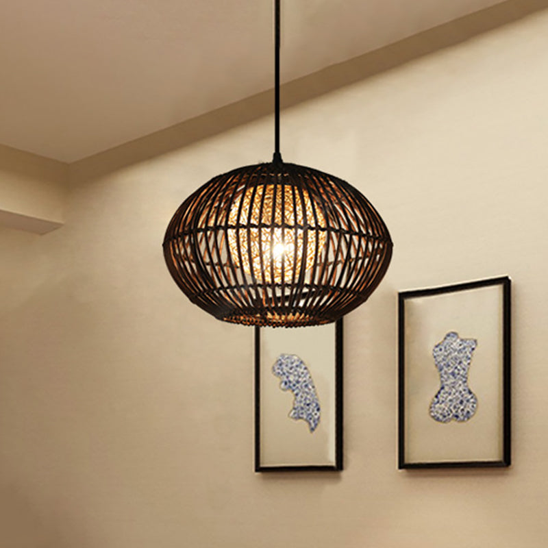 Spherical Cage Dining Room Ceiling Lamp Bamboo 1 Head Loft Style Hanging Pendant Light in Beige, 16"/21.5" Wide Clearhalo 'Ceiling Lights' 'Pendant Lights' 'Pendants' Lighting' 1868239