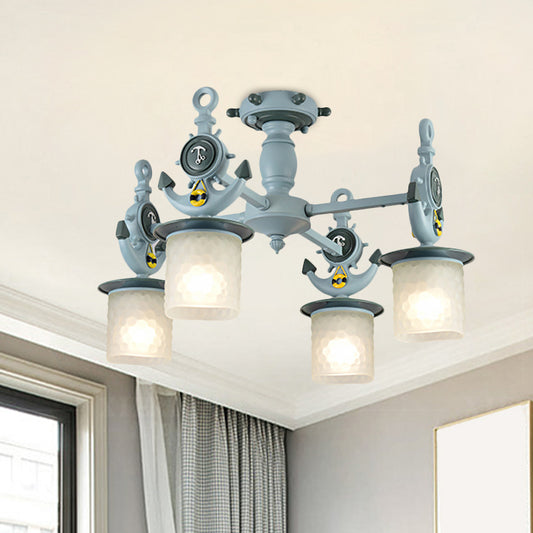 Cylinder Ceiling Light Fixture Modernist Frosted Dimpled Glass 4 Bulbs Nursery Semi Flush with Anchor Design in Blue Blue Clearhalo 'Ceiling Lights' 'Close To Ceiling Lights' 'Close to ceiling' 'Semi-flushmount' Lighting' 1868333