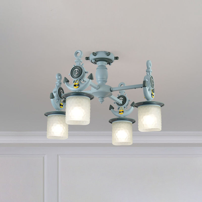 Cylinder Ceiling Light Fixture Modernist Frosted Dimpled Glass 4 Bulbs Nursery Semi Flush with Anchor Design in Blue Clearhalo 'Ceiling Lights' 'Close To Ceiling Lights' 'Close to ceiling' 'Semi-flushmount' Lighting' 1868334