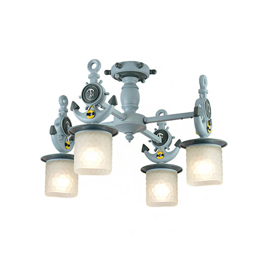 Cylinder Ceiling Light Fixture Modernist Frosted Dimpled Glass 4 Bulbs Nursery Semi Flush with Anchor Design in Blue Clearhalo 'Ceiling Lights' 'Close To Ceiling Lights' 'Close to ceiling' 'Semi-flushmount' Lighting' 1868335