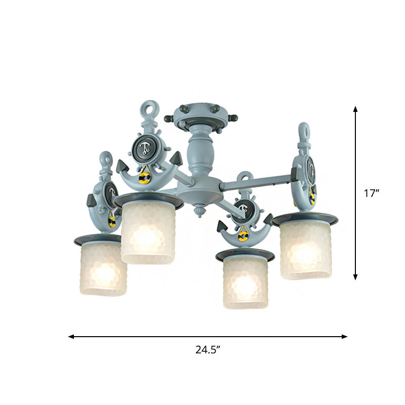 Cylinder Ceiling Light Fixture Modernist Frosted Dimpled Glass 4 Bulbs Nursery Semi Flush with Anchor Design in Blue Clearhalo 'Ceiling Lights' 'Close To Ceiling Lights' 'Close to ceiling' 'Semi-flushmount' Lighting' 1868336