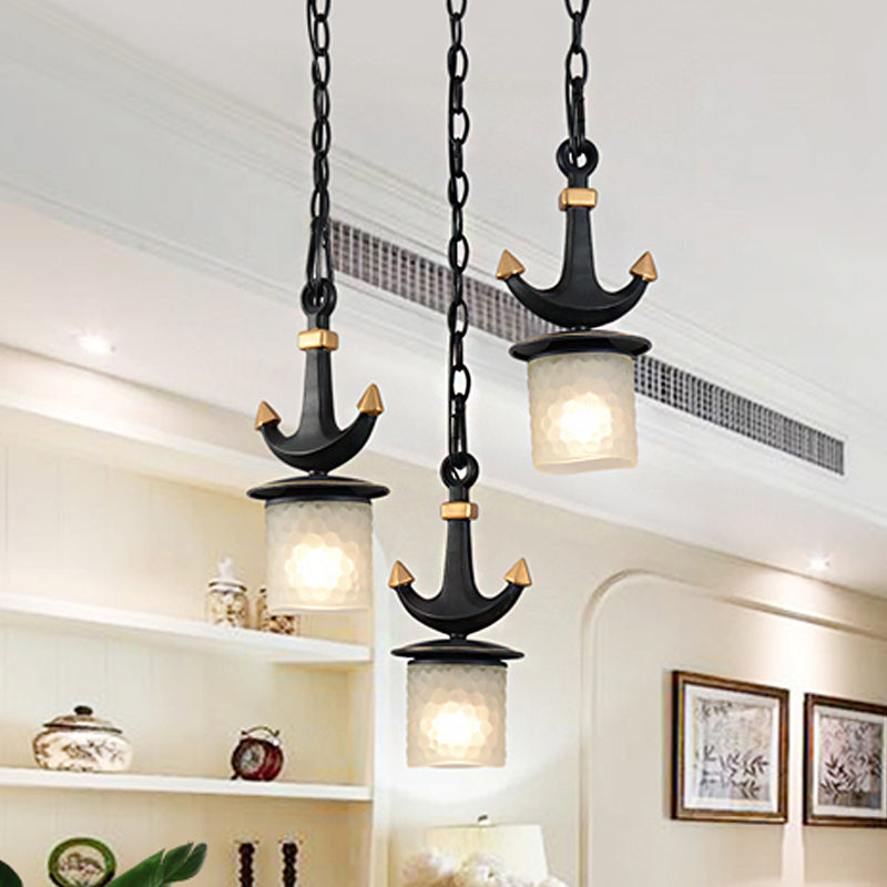 Modern Column Multi-Pendant Frosted Dimpled Glass 3 Heads Parlor Hanging Light in Black with Linear/Round Canopy Black Round Clearhalo 'Ceiling Lights' 'Close To Ceiling Lights' 'Glass shade' 'Glass' 'Pendant Lights' 'Pendants' Lighting' 1868341