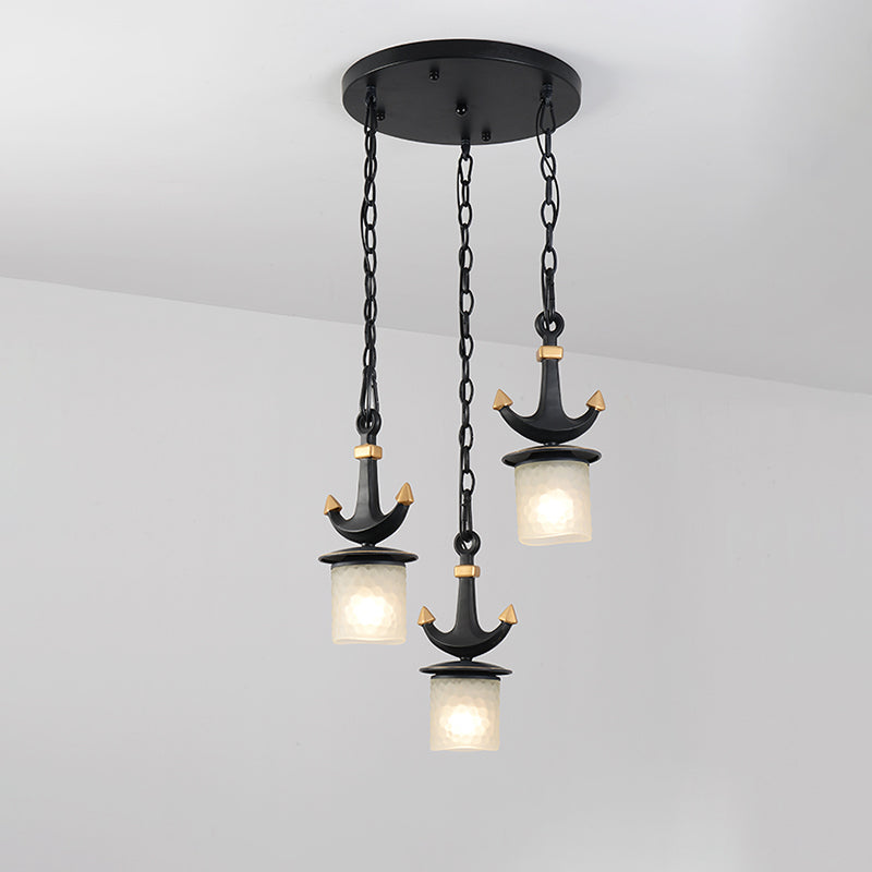 Modern Column Multi-Pendant Frosted Dimpled Glass 3 Heads Parlor Hanging Light in Black with Linear/Round Canopy Clearhalo 'Ceiling Lights' 'Close To Ceiling Lights' 'Glass shade' 'Glass' 'Pendant Lights' 'Pendants' Lighting' 1868342