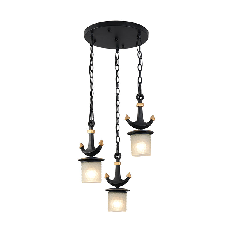Modern Column Multi-Pendant Frosted Dimpled Glass 3 Heads Parlor Hanging Light in Black with Linear/Round Canopy Clearhalo 'Ceiling Lights' 'Close To Ceiling Lights' 'Glass shade' 'Glass' 'Pendant Lights' 'Pendants' Lighting' 1868343