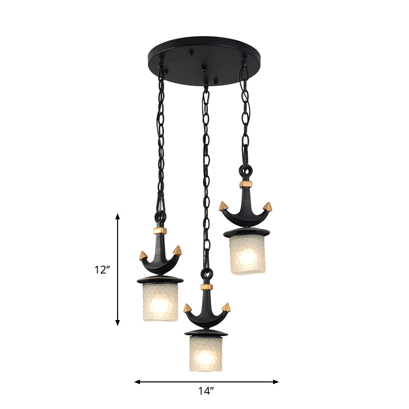 Modern Column Multi-Pendant Frosted Dimpled Glass 3 Heads Parlor Hanging Light in Black with Linear/Round Canopy Clearhalo 'Ceiling Lights' 'Close To Ceiling Lights' 'Glass shade' 'Glass' 'Pendant Lights' 'Pendants' Lighting' 1868344