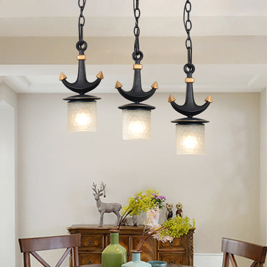 Modern Column Multi-Pendant Frosted Dimpled Glass 3 Heads Parlor Hanging Light in Black with Linear/Round Canopy Clearhalo 'Ceiling Lights' 'Close To Ceiling Lights' 'Glass shade' 'Glass' 'Pendant Lights' 'Pendants' Lighting' 1868346