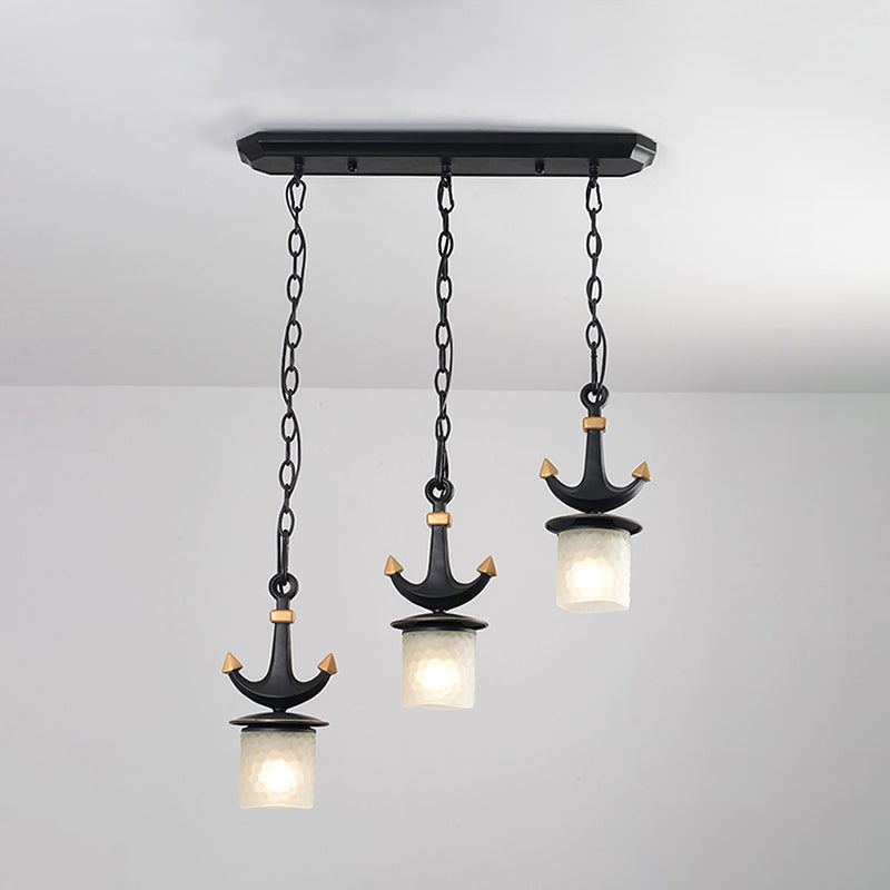 Modern Column Multi-Pendant Frosted Dimpled Glass 3 Heads Parlor Hanging Light in Black with Linear/Round Canopy Clearhalo 'Ceiling Lights' 'Close To Ceiling Lights' 'Glass shade' 'Glass' 'Pendant Lights' 'Pendants' Lighting' 1868347