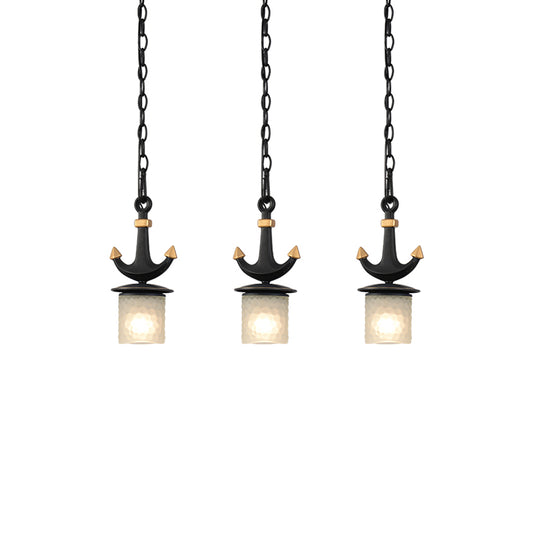 Modern Column Multi-Pendant Frosted Dimpled Glass 3 Heads Parlor Hanging Light in Black with Linear/Round Canopy Clearhalo 'Ceiling Lights' 'Close To Ceiling Lights' 'Glass shade' 'Glass' 'Pendant Lights' 'Pendants' Lighting' 1868348