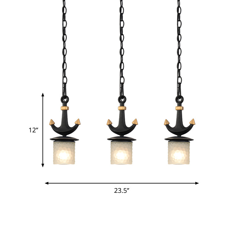 Modern Column Multi-Pendant Frosted Dimpled Glass 3 Heads Parlor Hanging Light in Black with Linear/Round Canopy Clearhalo 'Ceiling Lights' 'Close To Ceiling Lights' 'Glass shade' 'Glass' 'Pendant Lights' 'Pendants' Lighting' 1868349