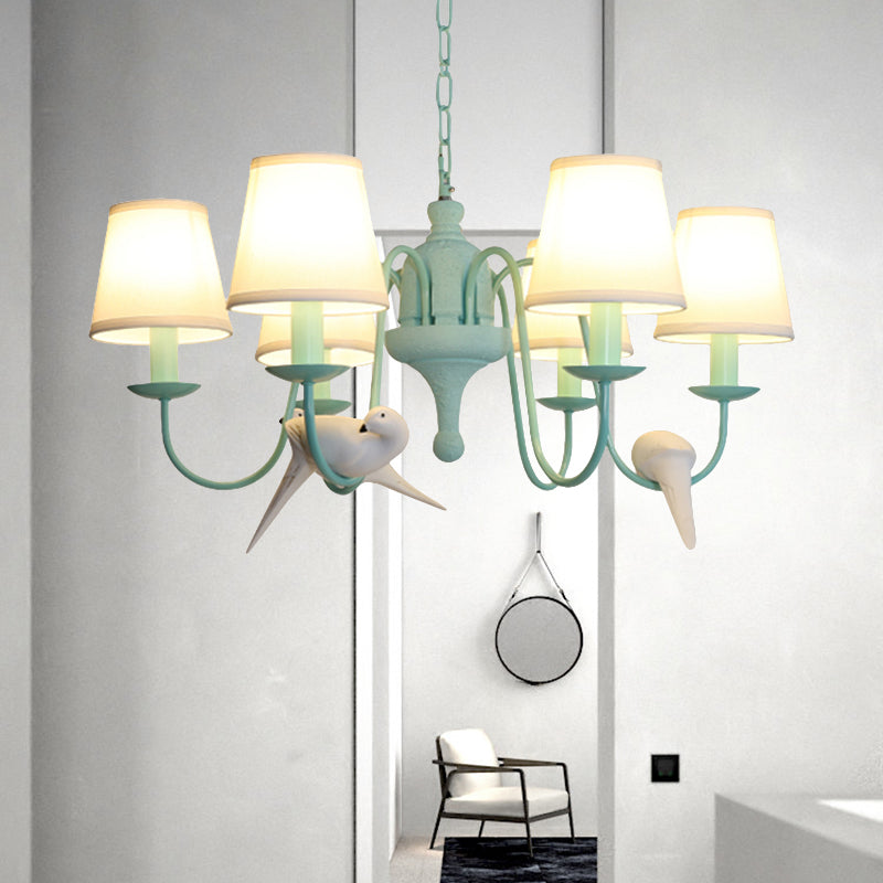 Fabric Tapered Shade Chandelier with Vivid Bird 6 Lights Contemporary Hanging Light in Green Green Clearhalo 'Ceiling Lights' 'Chandeliers' Lighting' options 186843_4bf24d6a-ad02-4bfc-97fc-7c2e07e6cad2