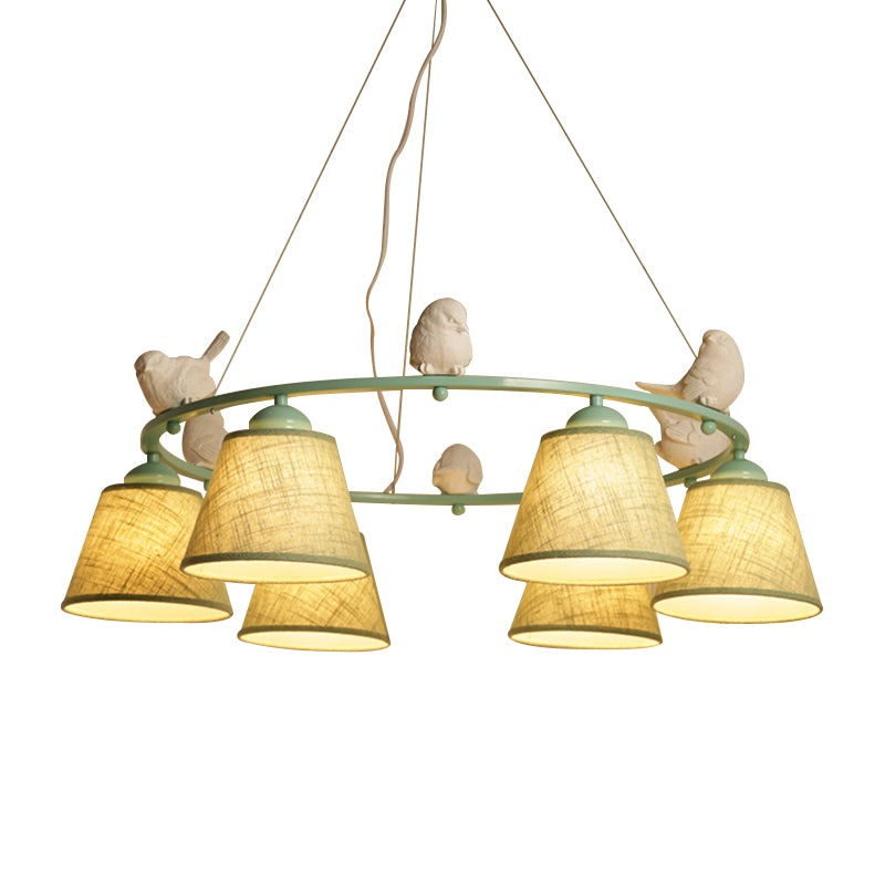 Ring Villa Chandelier with Bird & Tapered Shade Metal Rustic Style Hanging Light in Green Clearhalo 'Ceiling Lights' 'Chandeliers' Lighting' options 186865