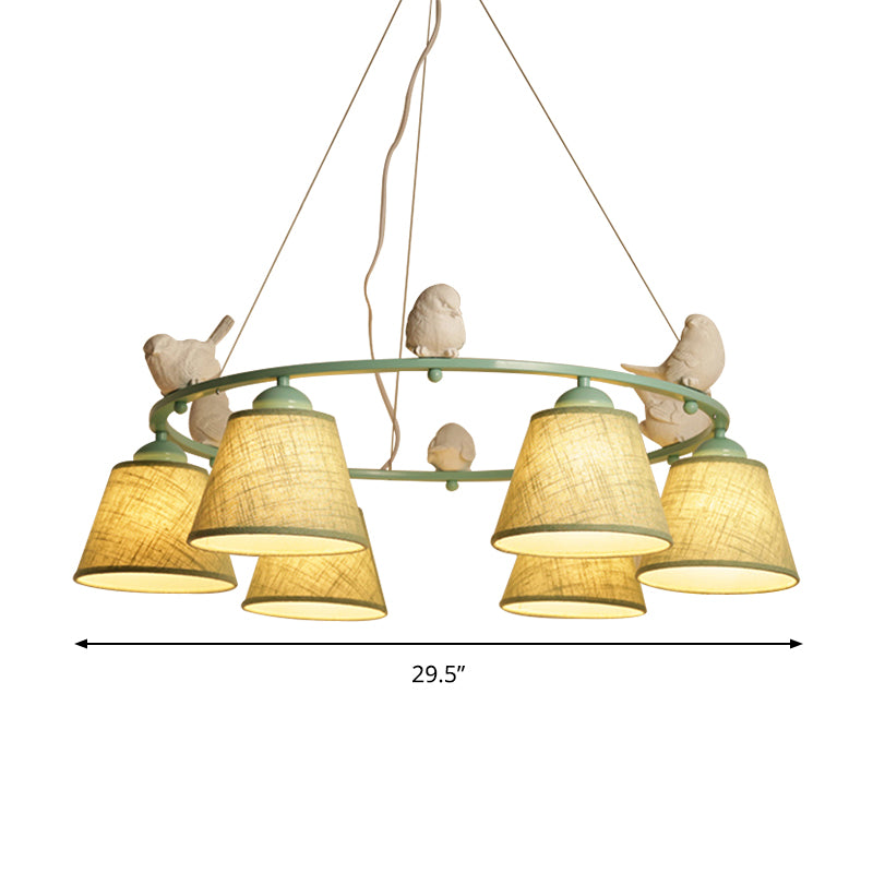 Ring Villa Chandelier with Bird & Tapered Shade Metal Rustic Style Hanging Light in Green Clearhalo 'Ceiling Lights' 'Chandeliers' Lighting' options 186866