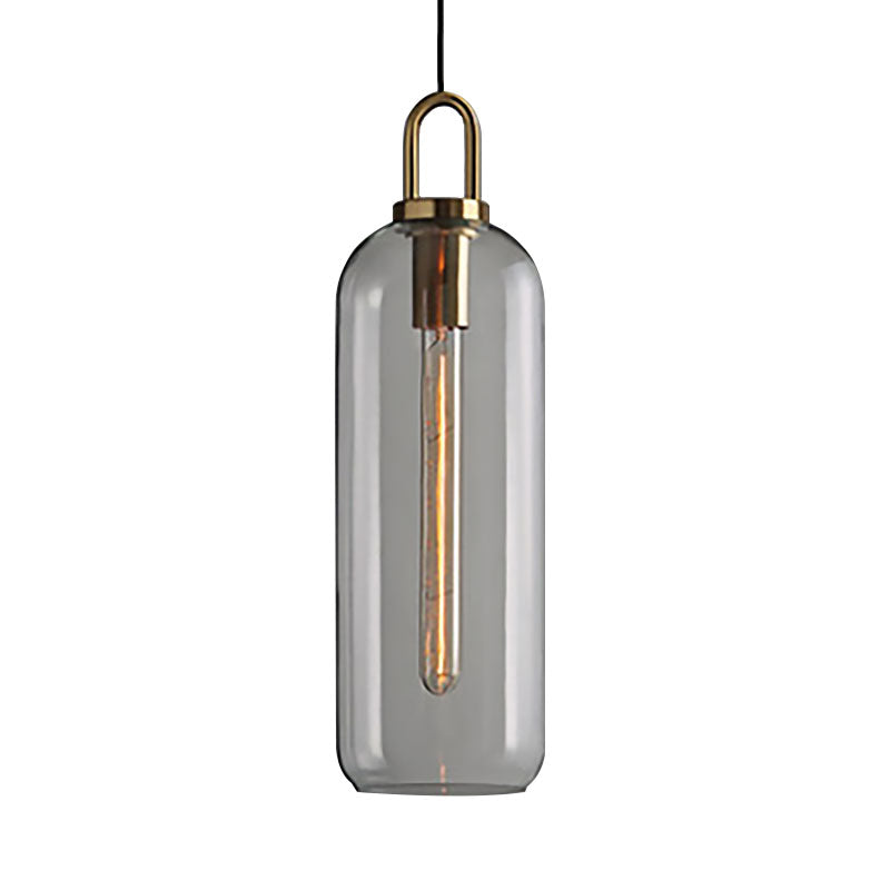 1 Light Dining Room Pendant Light with Cylindrical Clear/Smoky Glass Shade Post-Modern Hanging Lamp Kit, 5"/6" Wide Clearhalo 'Ceiling Lights' 'Glass shade' 'Glass' 'Modern Pendants' 'Modern' 'Pendant Lights' 'Pendants' Lighting' 186880