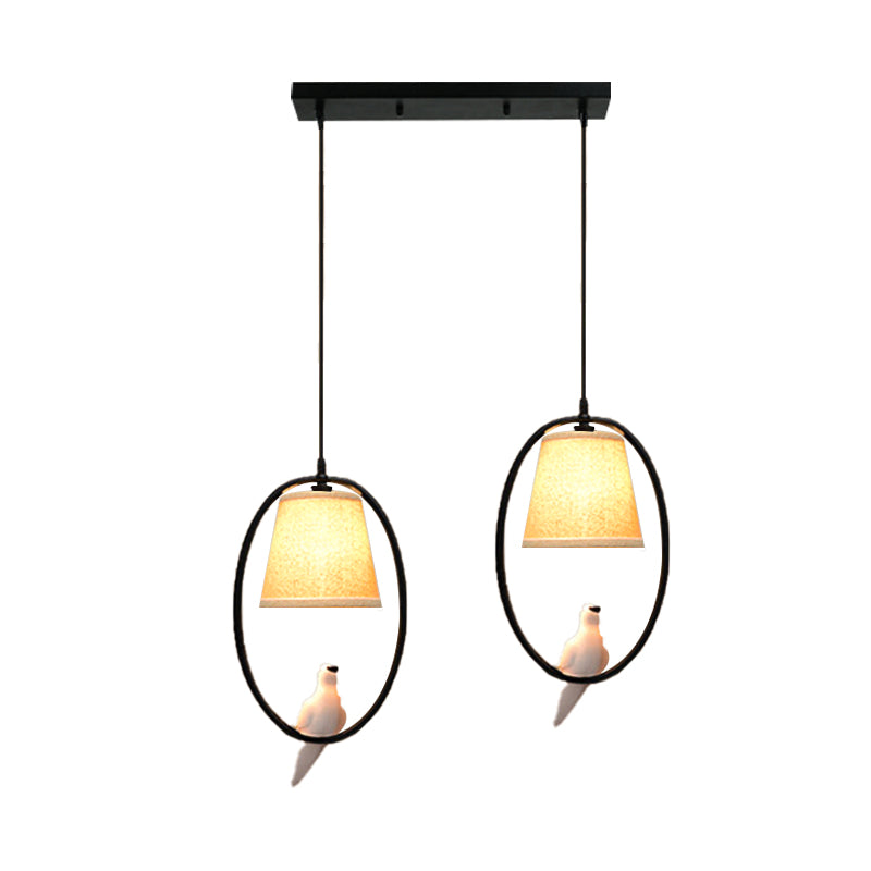 Restaurant Cafe Oval Pendant Light with Pigeon Metal 2 Head Rustic Beige Hanging Light Clearhalo 'Ceiling Lights' 'Pendant Lights' 'Pendants' Lighting' 186906