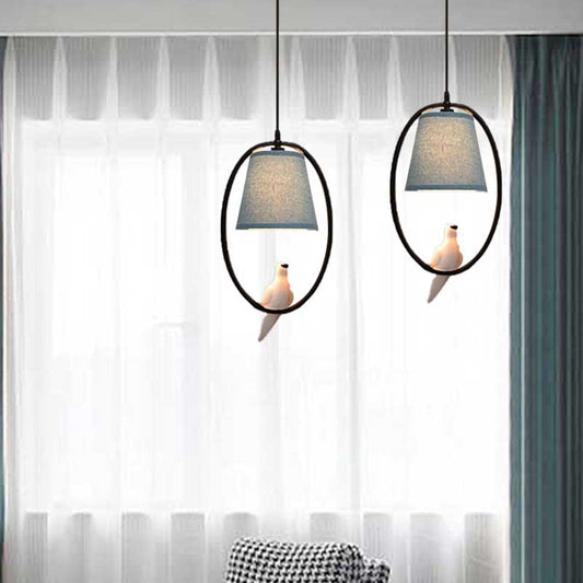 Metal Oval Pendant Light with Pigeon 2-Light Rustic Style Hanging Light in Blue for Balcony Clearhalo 'Ceiling Lights' 'Pendant Lights' 'Pendants' Lighting' 186908