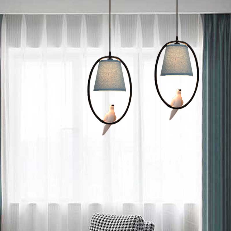 Metal Oval Pendant Light with Pigeon 2-Light Rustic Style Hanging Light in Blue for Balcony Blue Clearhalo 'Ceiling Lights' 'Pendant Lights' 'Pendants' Lighting' 186908_ee69ccdd-fabe-4a1e-aa65-710f34f8b776