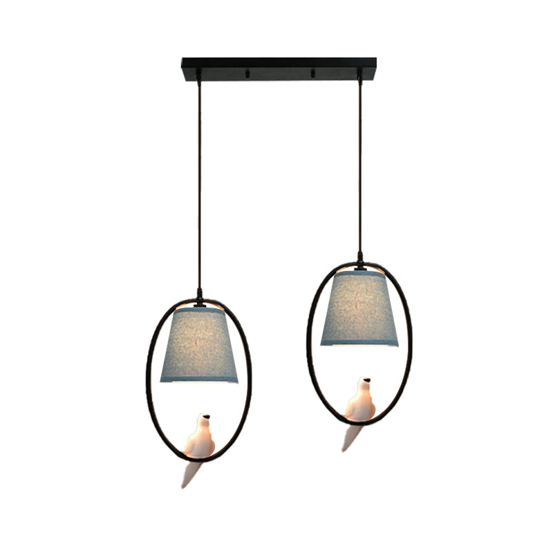 Metal Oval Pendant Light with Pigeon 2-Light Rustic Style Hanging Light in Blue for Balcony Clearhalo 'Ceiling Lights' 'Pendant Lights' 'Pendants' Lighting' 186910